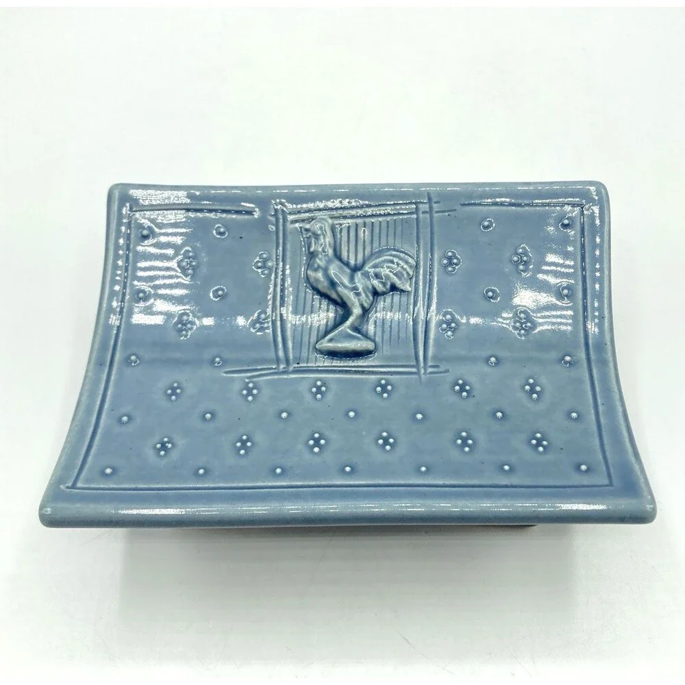 Studio Art Pottery Rooster Chicken Pedestal Soap Trinket Dish Ceramic Signed JB